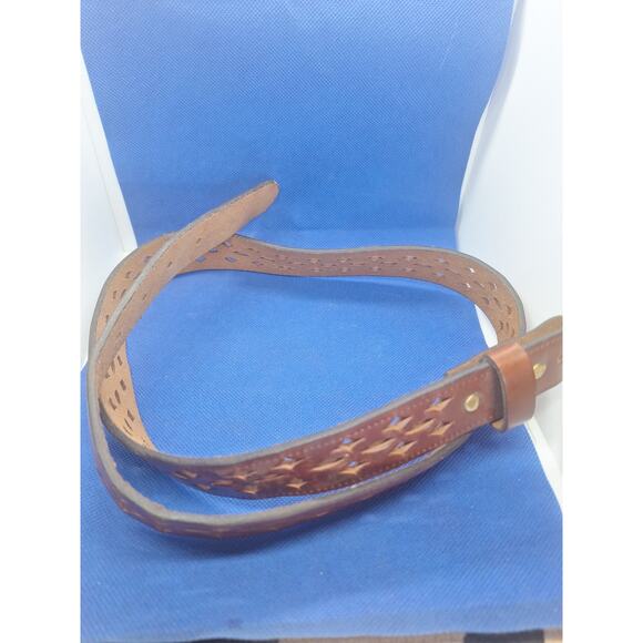 Vintage Full Grain Leather Belt USA Made 36 Brown Punched Pattern Western - Picture 1 of 6